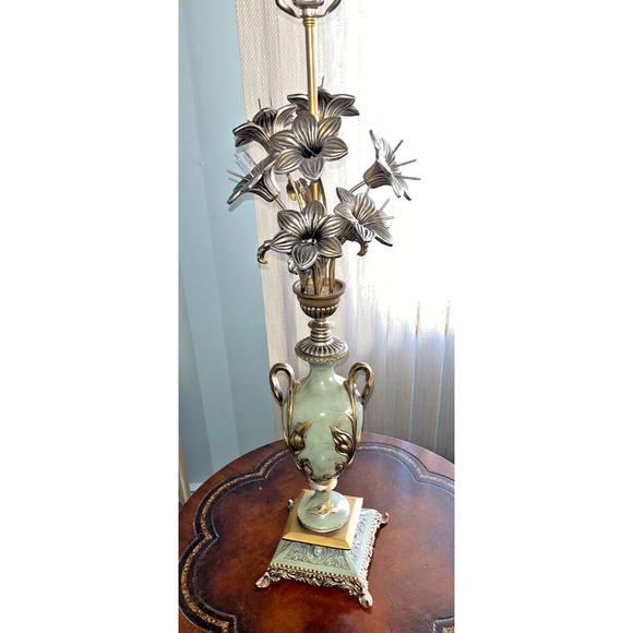 Antique French Victorian Art Deco Set Of 2 Hand Painted Lily Floral Lamps Works - Picture 7 of 16